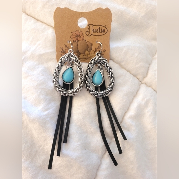 Justin Boots Jewelry - Justin Boots Silver and Turquoise Earrings Suede Fringe Teardrop Earrings